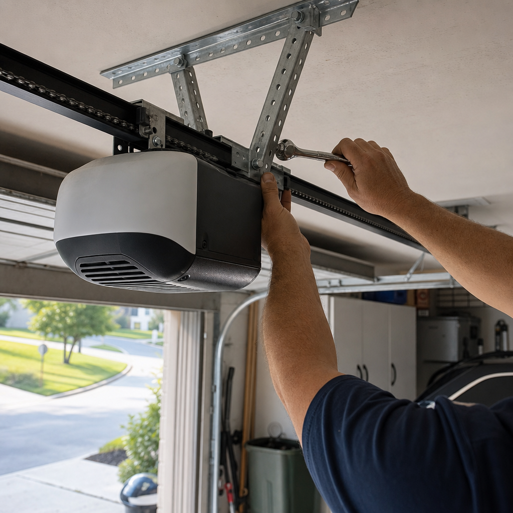 Professional installing a garage door opener