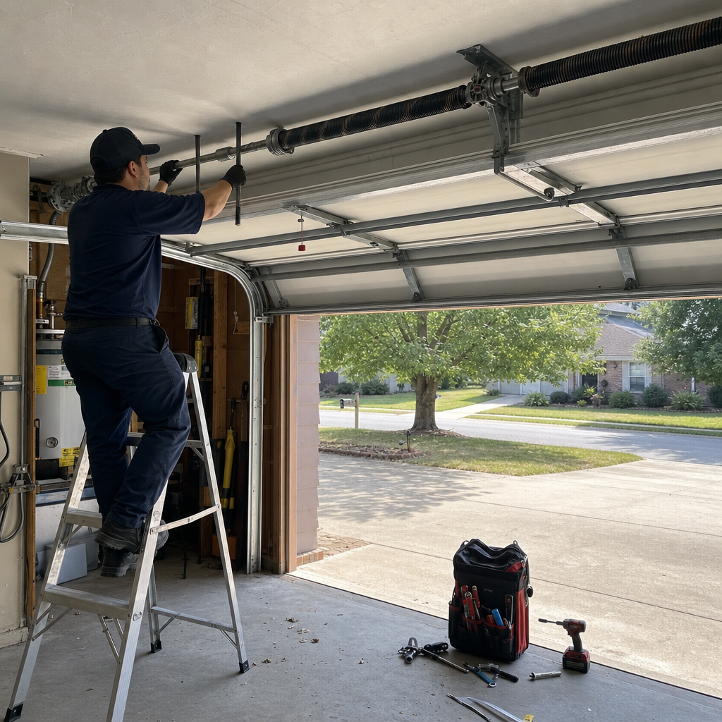 Technician repairing garage door spring mechanism overhead