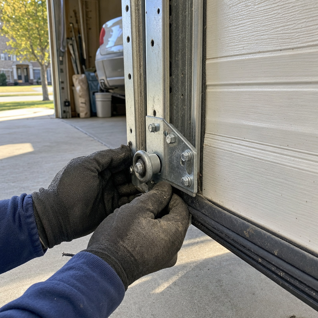 Technician performing emergency garage door repair, adjusting roller on track. in Covington, GA