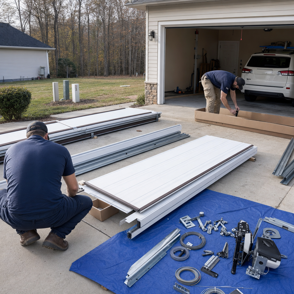 Garage door installation professional assembling a new door with parts on tarp in Covington, GA