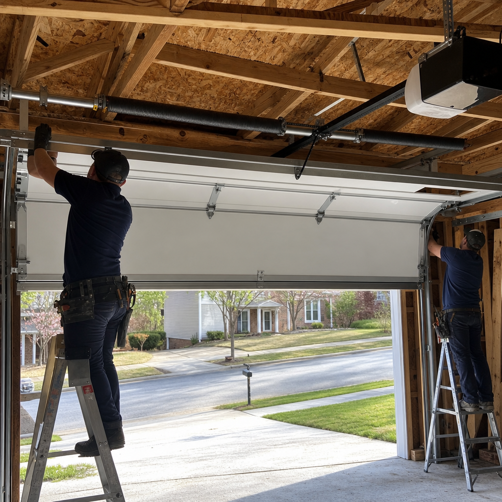 Technicians installing a garage door in Covington, GA