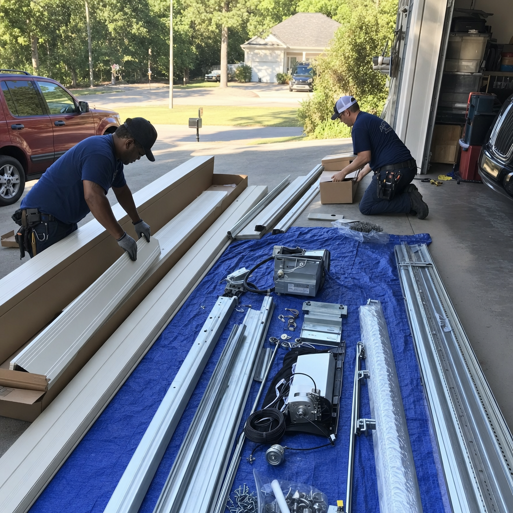 Garage door installation process with installer and parts in Covington, GA