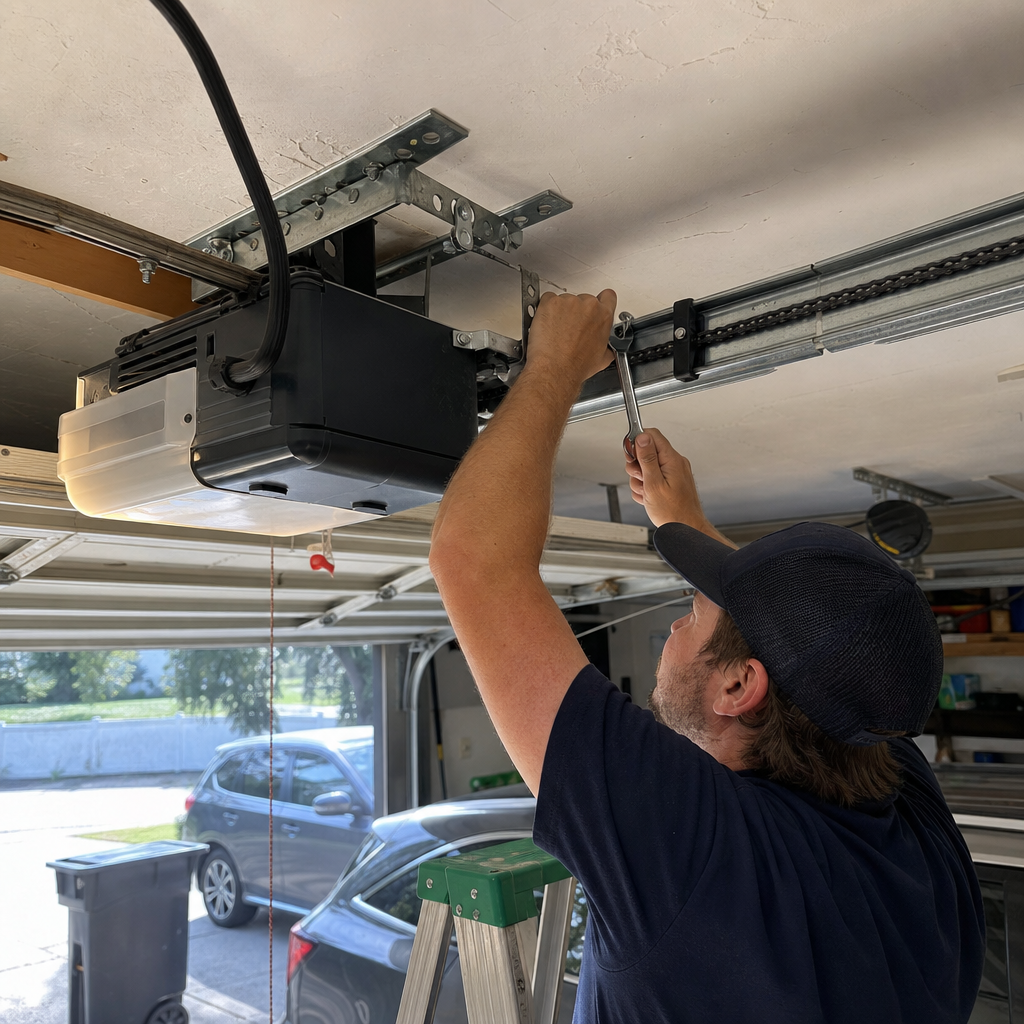 Technician performing garage door opener repair and maintenance in Covington, GA