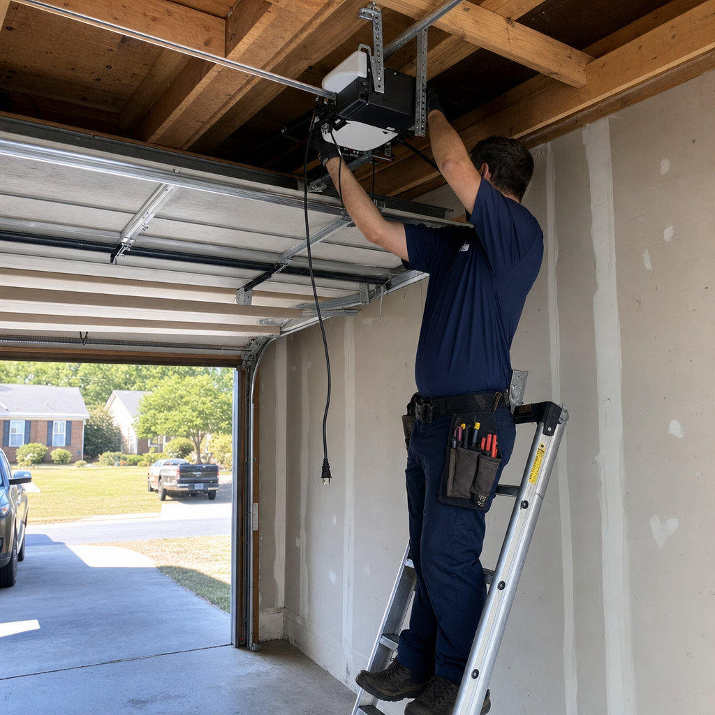 Technician installing garage door opener system on ladder in Covington, GA