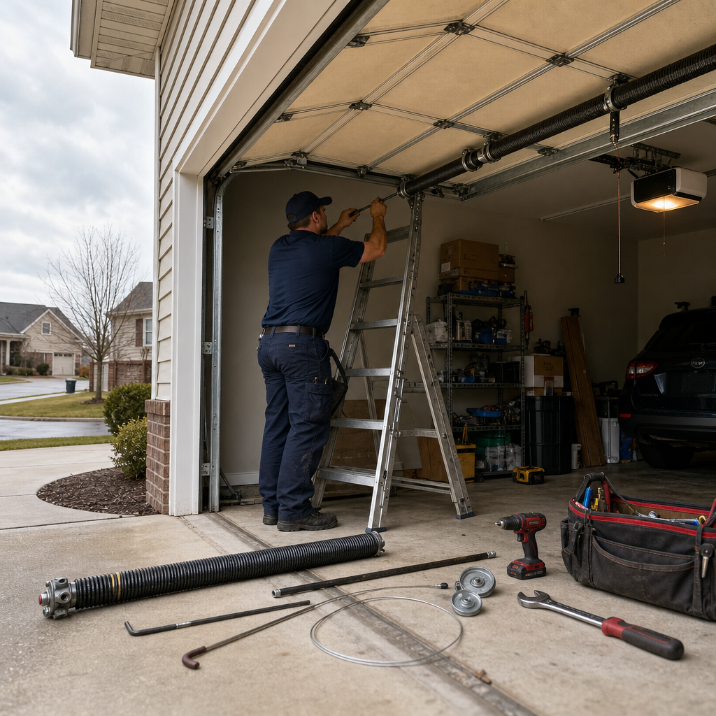 Garage door technician installing new parts for a garage door repair. in Covington, GA