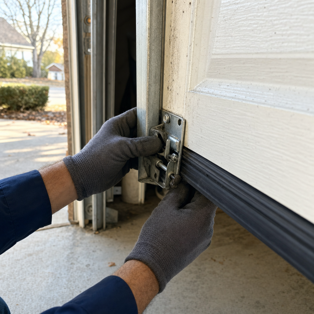 Gloved hands adjusting garage door part mechanism in Covington, GA