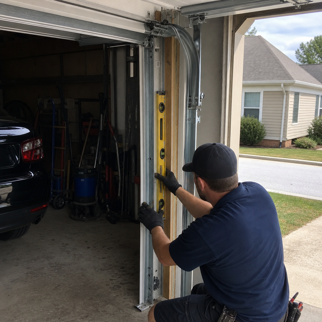 Garage door repairman using a level on a door track in Covington, GA