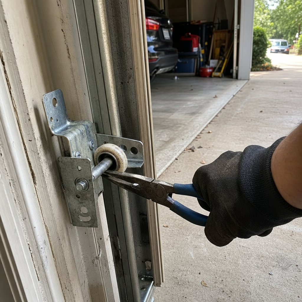 Garage door roller repair with pliers in Covington, GA